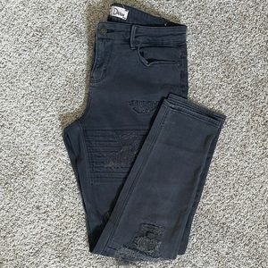 Grey wash boyfriend destroyed moto jeans